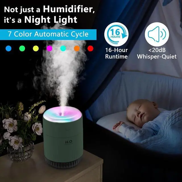 Alt view image 3 of 6 - Portable Mini Humidifier, 500ML USB Personal Cool Mist Humidifiers for Bedroom Office Travel Desk, Whisper Quiet 20dB with 2 Mist Modes & Auto Shut-Off, Small Desktop Humidifier(Green)