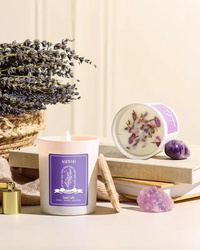 Alt view image 6 of 7 - Lavender Scented Candle Set 2 Pack - Aromatherapy Candle with Crystals Inside, 14oz Soy Candles for Home Scented, Birthday Gifts Mothers Day Candle for Women Mom