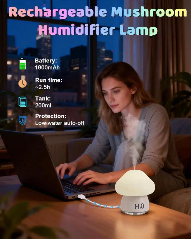 Alt view image 6 of 7 - Mushroom Humidifier Lamp with 8 RGB Colors Lights,Cute Rechargeable Portable Humidifiers for Bedroom,Small Mushroom Diffuser with Two Spray Modes,Touch Night Light,Valentine's Day Gifts (White)