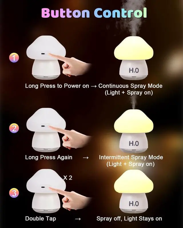 Alt view image 7 of 7 - Mushroom Humidifier Lamp with 8 RGB Colors Lights,Cute Rechargeable Portable Humidifiers for Bedroom,Small Mushroom Diffuser with Two Spray Modes,Touch Night Light,Valentine's Day Gifts (White)