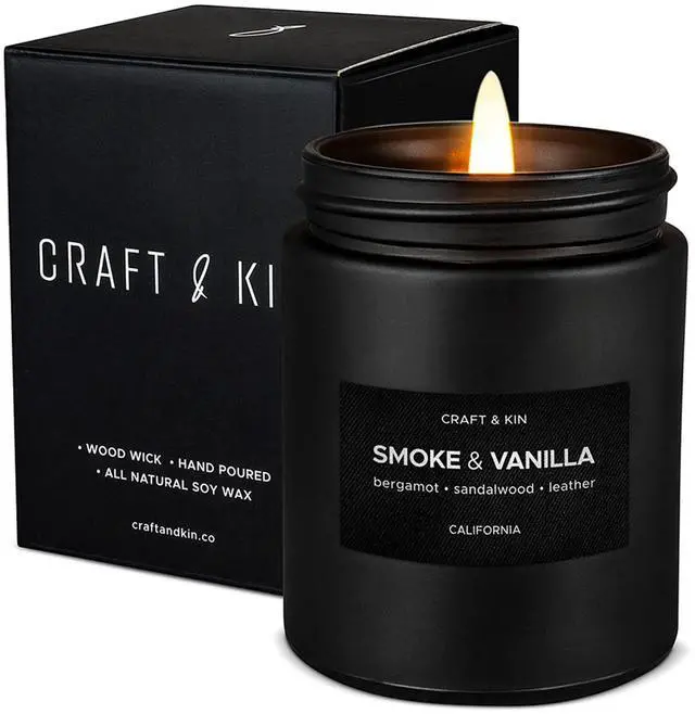 Main image of Premium Smoke & Vanilla Candle | Black Scented Candles for Men | Long Lasting with 45 Hour Burn Time, 7.6oz | Soy Candle | Aromatherapy at Home | Gifts for Men