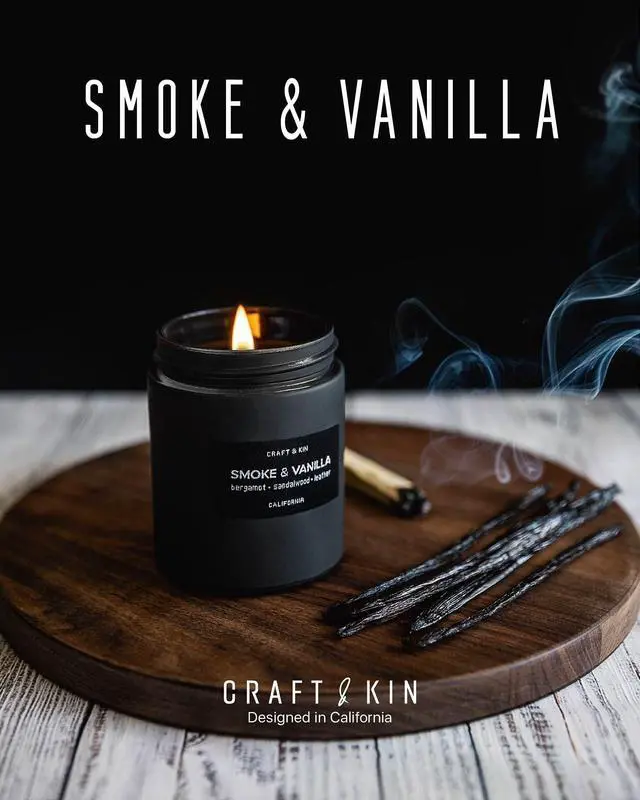 Alt view image 2 of 7 - Premium Smoke & Vanilla Candle | Black Scented Candles for Men | Long Lasting with 45 Hour Burn Time, 7.6oz | Soy Candle | Aromatherapy at Home | Gifts for Men
