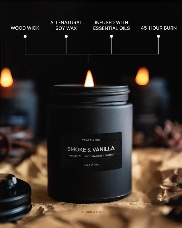 Alt view image 3 of 7 - Premium Smoke & Vanilla Candle | Black Scented Candles for Men | Long Lasting with 45 Hour Burn Time, 7.6oz | Soy Candle | Aromatherapy at Home | Gifts for Men