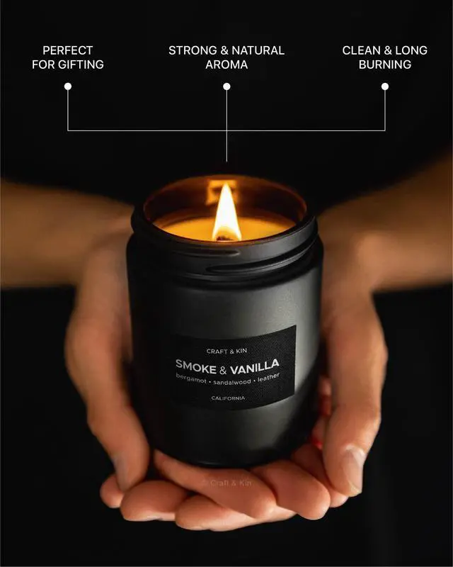 Alt view image 4 of 7 - Premium Smoke & Vanilla Candle | Black Scented Candles for Men | Long Lasting with 45 Hour Burn Time, 7.6oz | Soy Candle | Aromatherapy at Home | Gifts for Men