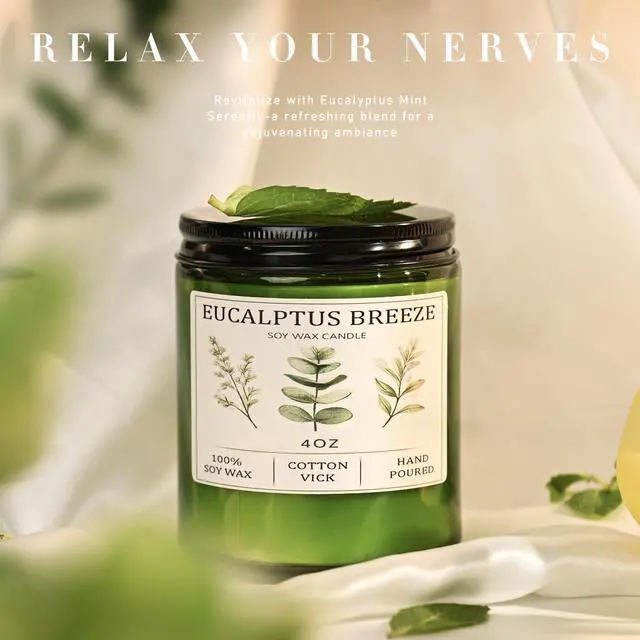 Alt view image 2 of 7 - Eucalyptus & Mint Candles for Home Scented, 20 Hours Burn Soy Candle Gift for Women Stress Relief, Meditation, Yoga, Relaxing, Natural Soy Wax for Men and Women, 4oz