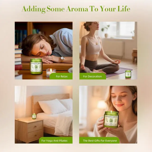Alt view image 4 of 7 - Eucalyptus & Mint Candles for Home Scented, 20 Hours Burn Soy Candle Gift for Women Stress Relief, Meditation, Yoga, Relaxing, Natural Soy Wax for Men and Women, 4oz