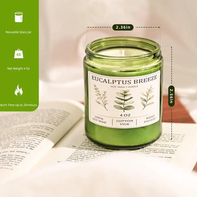 Alt view image 5 of 7 - Eucalyptus & Mint Candles for Home Scented, 20 Hours Burn Soy Candle Gift for Women Stress Relief, Meditation, Yoga, Relaxing, Natural Soy Wax for Men and Women, 4oz