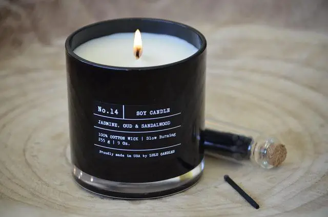 Alt view image 6 of 6 - | Jasmine, Oud & Sandalwood | Luxury Scented Soy Jar Candle | Hand Poured in The USA | Highly Scented & Long Lasting (9 Oz.)