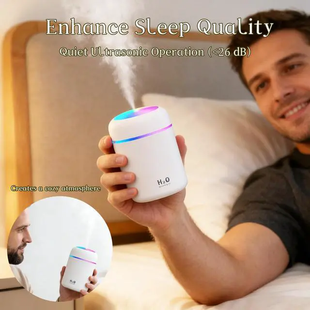 Alt view image 3 of 6 - 300ml USB Cool Mist Small Humidifier with Colorful Lights,Portable Mini Humidifier, Perfect for Bedroom, Office, Plants, travel & Car, White