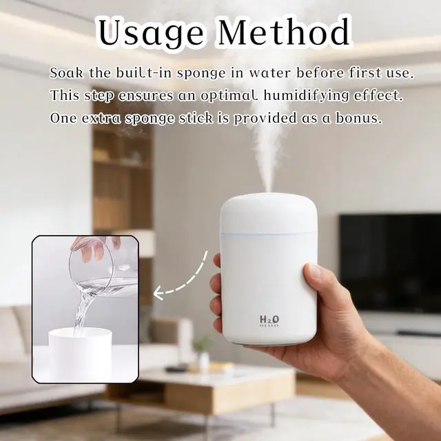 Alt view image 6 of 6 - 300ml USB Cool Mist Small Humidifier with Colorful Lights,Portable Mini Humidifier, Perfect for Bedroom, Office, Plants, travel & Car, White