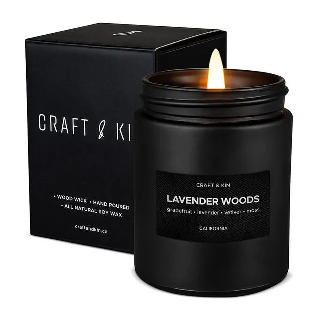 Main image of Premium Lavender Woods Candle | Black Scented Candles for Men | Long Lasting with 45 Hour Burn Time, 7.6oz | Soy Candle | Aromatherapy at Home | Gifts for Men