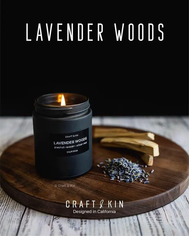Alt view image 2 of 7 - Premium Lavender Woods Candle | Black Scented Candles for Men | Long Lasting with 45 Hour Burn Time, 7.6oz | Soy Candle | Aromatherapy at Home | Gifts for Men