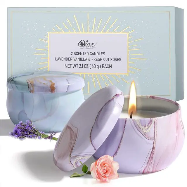 Main image of 2-Pack Soy Candles Gift Set - Lavender, Vanilla, Rose Scents in Portable Tin Jars - for Home, Travel, Spa
