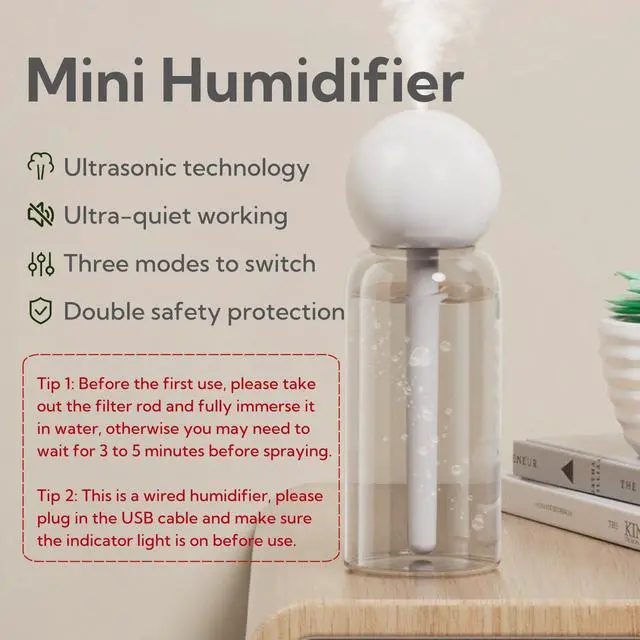 Alt view image 2 of 7 - Portable Small Humidifier Dual Nozzle - Large Cool Mist Humidifiers Double Spray Ports, Water Shortage Protection, Ultra-Quiet, Mini Humidifier for Bedroom Plants Office Car Travel (P06)