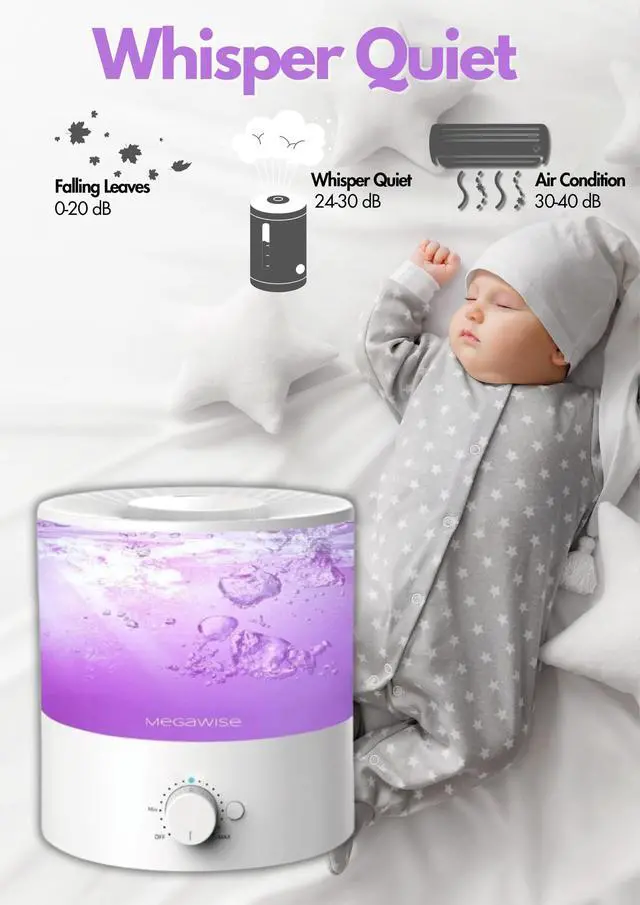 Alt view image 5 of 5 - Cool Mist Humidifiers for Bedroom, 2L Tank Ultra-Quiet Humidifier for Large Room, 40H Runtime with 7 Color Ambient Light, Auto Shut-Off Protection