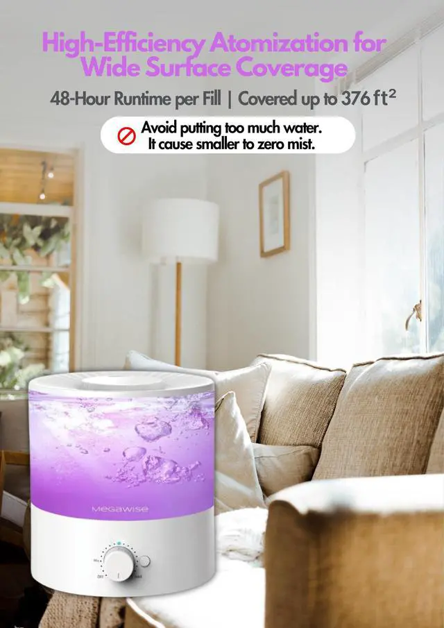 Alt view image 4 of 5 - Cool Mist Humidifiers for Bedroom, 2L Tank Ultra-Quiet Humidifier for Large Room, 40H Runtime with 7 Color Ambient Light, Auto Shut-Off Protection