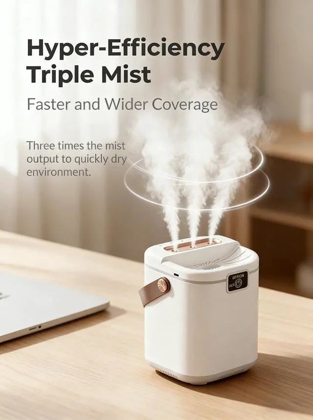 Alt view image 2 of 7 - 2L Cool Mist Humidifiers for Bedroom, 3 Nozzles Quiet Small Humidifier with 4 Mist Modes, Top Fill Desktop Personal Humidifier with Night Light & Auto-Shutoff, Portable USB Powered for Office, Plants