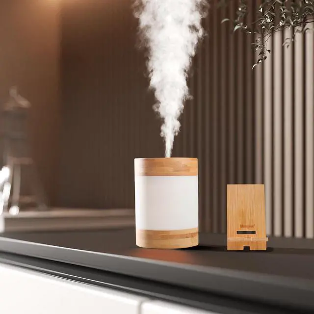 Main image of Bamboo Cool Mist Humidifier with Phone Stand, 400ml Ultrasonic Mini Humidifier, Quiet Desktop with Dual LED Night Light, USB-C Portable, Auto Shut-Off for Bedroom, Office, Travel