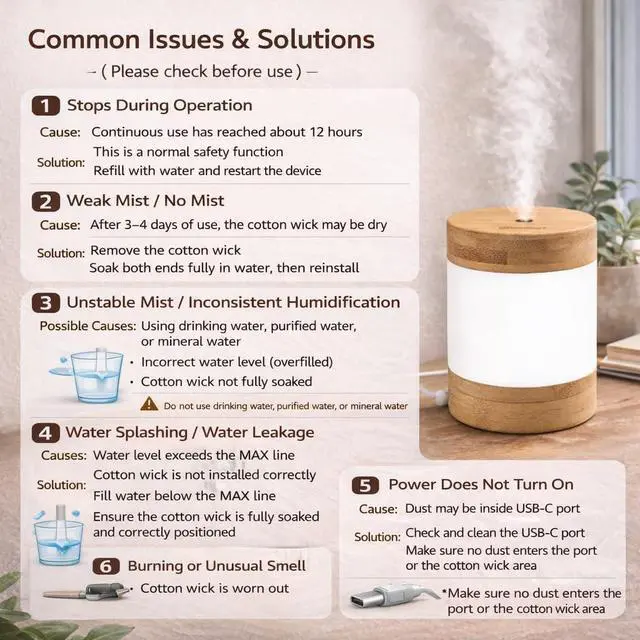 Alt view image 7 of 7 - Bamboo Cool Mist Humidifier with Phone Stand, 400ml Ultrasonic Mini Humidifier, Quiet Desktop with Dual LED Night Light, USB-C Portable, Auto Shut-Off for Bedroom, Office, Travel