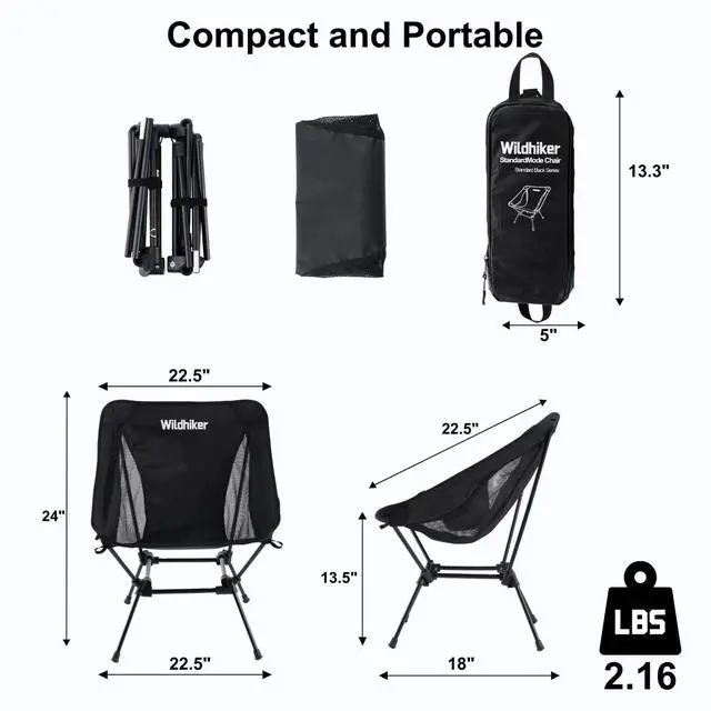 Alt view image 3 of 7 - Lightweight Camping Chair Folding Portable Chair for Adults, 2.16 lbs with Square Base and Carry Bag for Travel, Fishing, Motorcycle, Festival Black