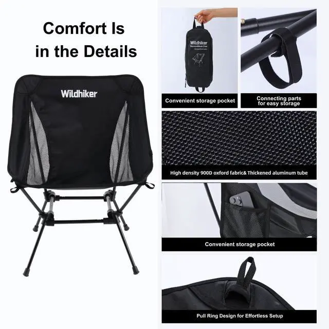 Alt view image 5 of 7 - Lightweight Camping Chair Folding Portable Chair for Adults, 2.16 lbs with Square Base and Carry Bag for Travel, Fishing, Motorcycle, Festival Black