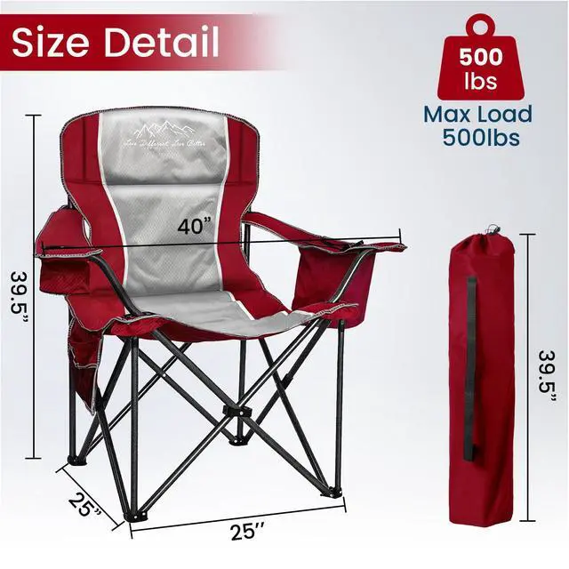 Alt view image 2 of 7 - Camping Chairs for Adults Heavy Duty 500lbs Capacity, High Back Folding Chair with Thickened Steel Frame, Padded Portable Outside Chair with Cooler Bag, Cup Holder & Side Pocket, Red, 1 Pack