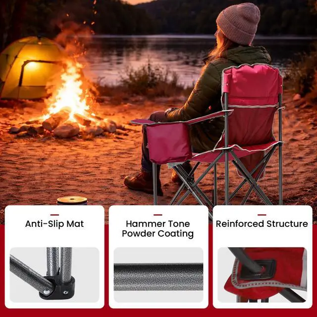 Alt view image 3 of 7 - Camping Chairs for Adults Heavy Duty 500lbs Capacity, High Back Folding Chair with Thickened Steel Frame, Padded Portable Outside Chair with Cooler Bag, Cup Holder & Side Pocket, Red, 1 Pack