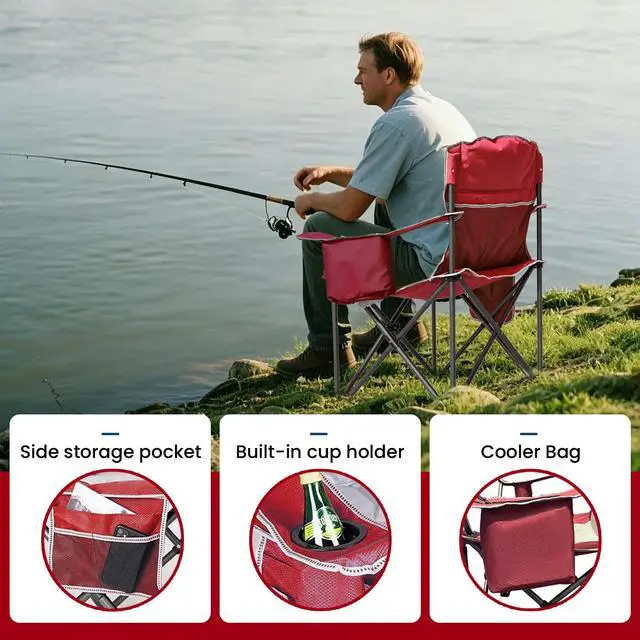 Alt view image 4 of 7 - Camping Chairs for Adults Heavy Duty 500lbs Capacity, High Back Folding Chair with Thickened Steel Frame, Padded Portable Outside Chair with Cooler Bag, Cup Holder & Side Pocket, Red, 1 Pack
