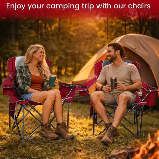 Alt view image 6 of 7 - Camping Chairs for Adults Heavy Duty 500lbs Capacity, High Back Folding Chair with Thickened Steel Frame, Padded Portable Outside Chair with Cooler Bag, Cup Holder & Side Pocket, Red, 1 Pack