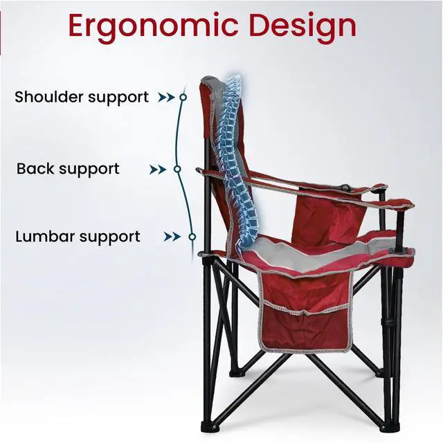 Alt view image 7 of 7 - Camping Chairs for Adults Heavy Duty 500lbs Capacity, High Back Folding Chair with Thickened Steel Frame, Padded Portable Outside Chair with Cooler Bag, Cup Holder & Side Pocket, Red, 1 Pack