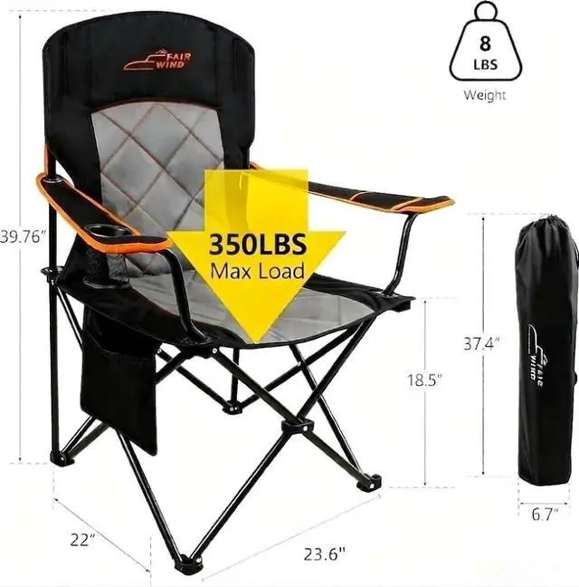 Alt view image 3 of 7 - Oversized Fully Padded Camping Chair, Heavy Duty Quad Fold Chair Arm Chair Support 350 LBS with Cup Holder, Collapsible Lumbar Back Chair Portable for Outdoor, Black