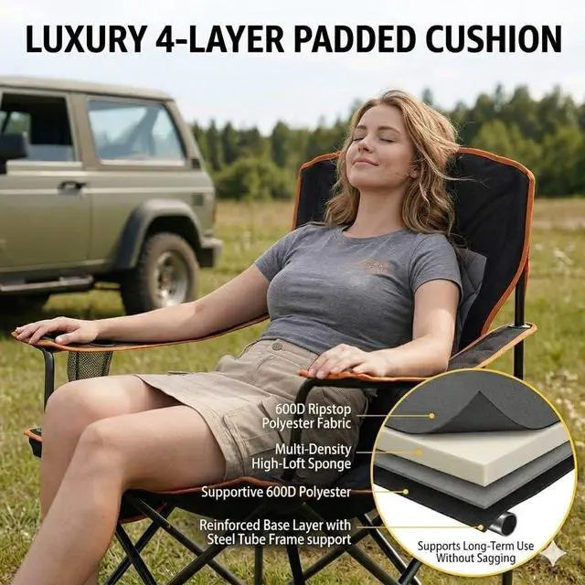 Alt view image 4 of 7 - Oversized Fully Padded Camping Chair, Heavy Duty Quad Fold Chair Arm Chair Support 350 LBS with Cup Holder, Collapsible Lumbar Back Chair Portable for Outdoor, Black