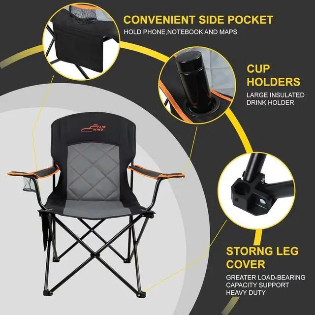 Alt view image 5 of 7 - Oversized Fully Padded Camping Chair, Heavy Duty Quad Fold Chair Arm Chair Support 350 LBS with Cup Holder, Collapsible Lumbar Back Chair Portable for Outdoor, Black