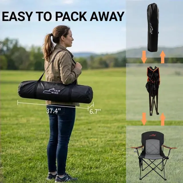 Alt view image 7 of 7 - Oversized Fully Padded Camping Chair, Heavy Duty Quad Fold Chair Arm Chair Support 350 LBS with Cup Holder, Collapsible Lumbar Back Chair Portable for Outdoor, Black