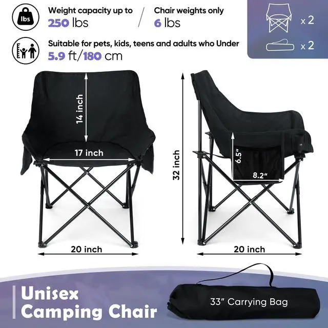 Alt view image 2 of 7 - Camping Chair for Adults, Compact Folding Portable Chairs Set with Side Pockets for Outdoors Fishing, Hiking, Backpacking, Picnic, Beach, Travel, Supports to 250lbs, & Storage Bags (Black)