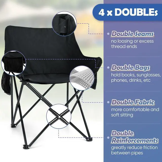 Alt view image 3 of 7 - Camping Chair for Adults, Compact Folding Portable Chairs Set with Side Pockets for Outdoors Fishing, Hiking, Backpacking, Picnic, Beach, Travel, Supports to 250lbs, & Storage Bags (Black)
