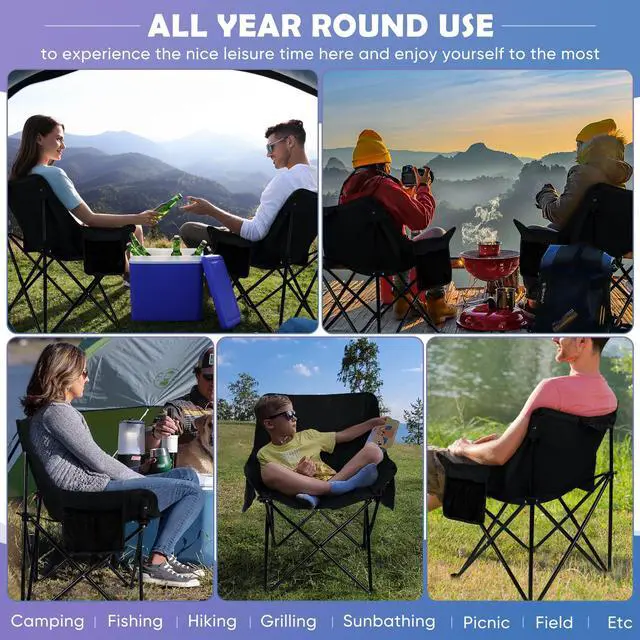 Alt view image 7 of 7 - Camping Chair for Adults, Compact Folding Portable Chairs Set with Side Pockets for Outdoors Fishing, Hiking, Backpacking, Picnic, Beach, Travel, Supports to 250lbs, & Storage Bags (Black)