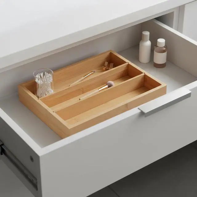 Alt view image 3 of 7 - Wooden Silverware Organizer for Drawer, Bamboo Utensil Drawer Organizers, Kitchen Utensil Organizer Tray with 3 Storage Compartments, Flatware Organizers for Cutlery Flatware "9.84 x 8.27 x 1.57"