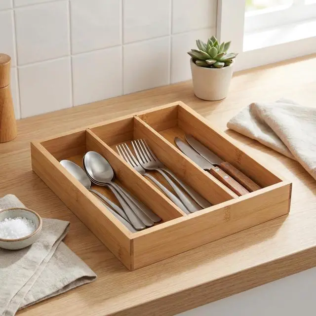 Alt view image 4 of 7 - Wooden Silverware Organizer for Drawer, Bamboo Utensil Drawer Organizers, Kitchen Utensil Organizer Tray with 3 Storage Compartments, Flatware Organizers for Cutlery Flatware "9.84 x 8.27 x 1.57"