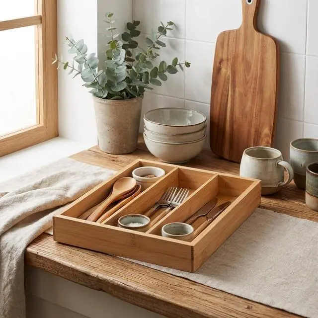 Alt view image 7 of 7 - Wooden Silverware Organizer for Drawer, Bamboo Utensil Drawer Organizers, Kitchen Utensil Organizer Tray with 3 Storage Compartments, Flatware Organizers for Cutlery Flatware "9.84 x 8.27 x 1.57"