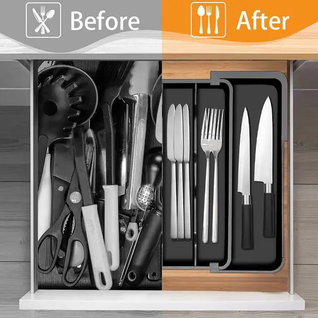 Alt view image 5 of 6 - Silverware Organizer - Expandable Kitchen Drawer Organizer Utensil Holder, BPA Free Flatware and Cutlery Tray for Spoons Forks Knives, Plastic Kitchen Organizer and Storage
