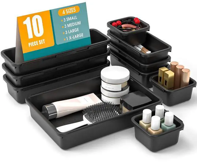 Main image of 10 PCS Drawer Organizer Set, 4 Size Makeup Drawer Divider Organizer With Non-Slip Pads, Interlocking Plastic Storage Bins for Office,Jewelry Vanity,Gadgets, Bathroom,Kitchen, Black