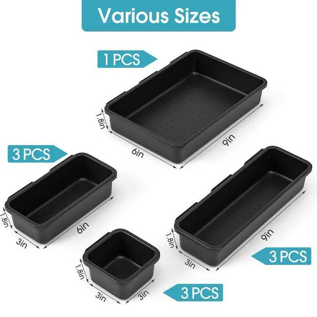 Alt view image 2 of 7 - 10 PCS Drawer Organizer Set, 4 Size Makeup Drawer Divider Organizer With Non-Slip Pads, Interlocking Plastic Storage Bins for Office,Jewelry Vanity,Gadgets, Bathroom,Kitchen, Black