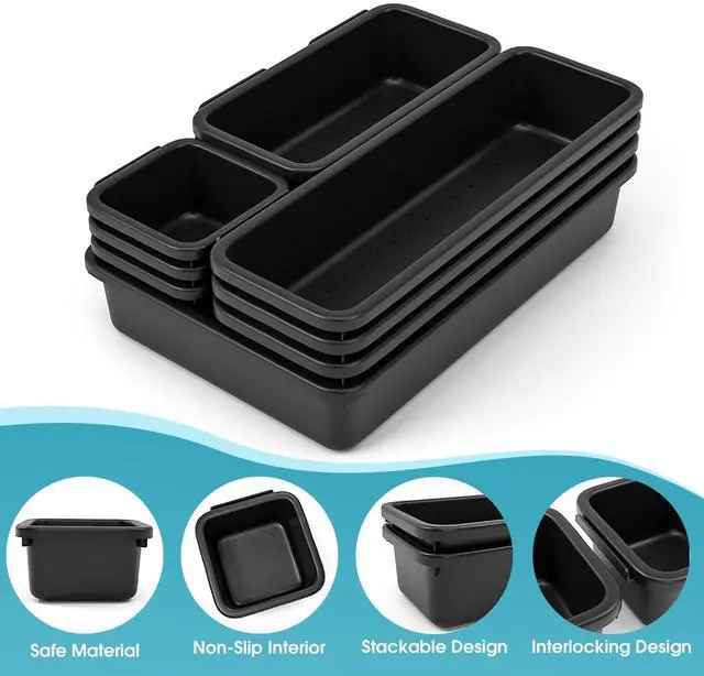 Alt view image 3 of 7 - 10 PCS Drawer Organizer Set, 4 Size Makeup Drawer Divider Organizer With Non-Slip Pads, Interlocking Plastic Storage Bins for Office,Jewelry Vanity,Gadgets, Bathroom,Kitchen, Black