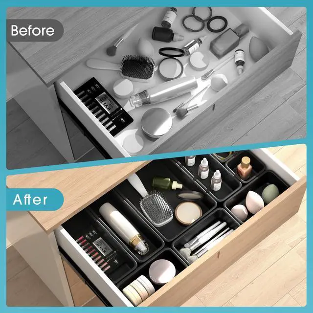 Alt view image 4 of 7 - 10 PCS Drawer Organizer Set, 4 Size Makeup Drawer Divider Organizer With Non-Slip Pads, Interlocking Plastic Storage Bins for Office,Jewelry Vanity,Gadgets, Bathroom,Kitchen, Black