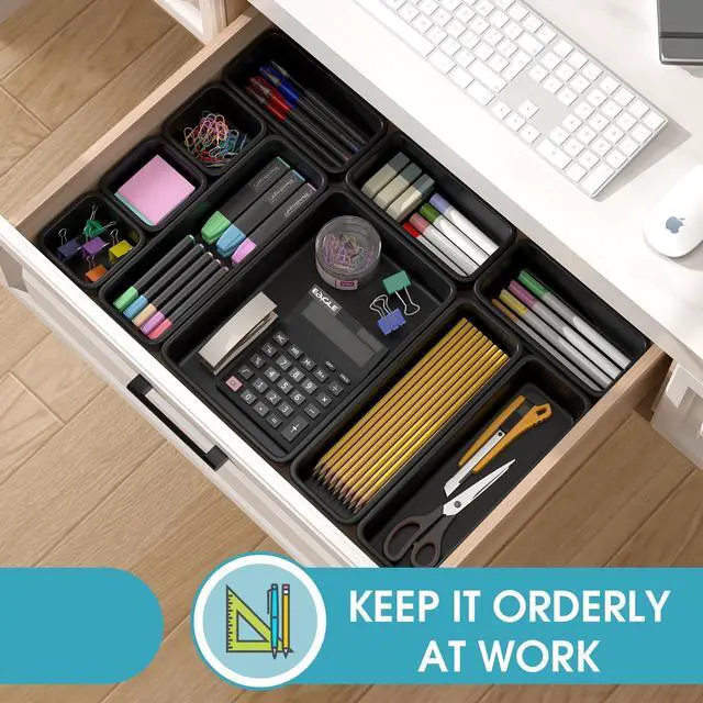 Alt view image 5 of 7 - 10 PCS Drawer Organizer Set, 4 Size Makeup Drawer Divider Organizer With Non-Slip Pads, Interlocking Plastic Storage Bins for Office,Jewelry Vanity,Gadgets, Bathroom,Kitchen, Black