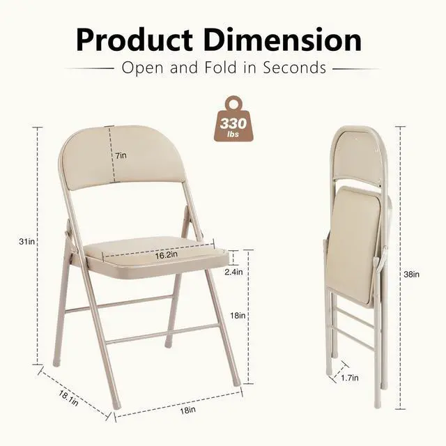 Alt view image 3 of 6 - 2 Pack Leather Padded Folding Chair, Indoor Outdoor Portable Stackable Commercial Seat with Steel Frame, Capacity for Home, Office, Party, Comfy, Kahki