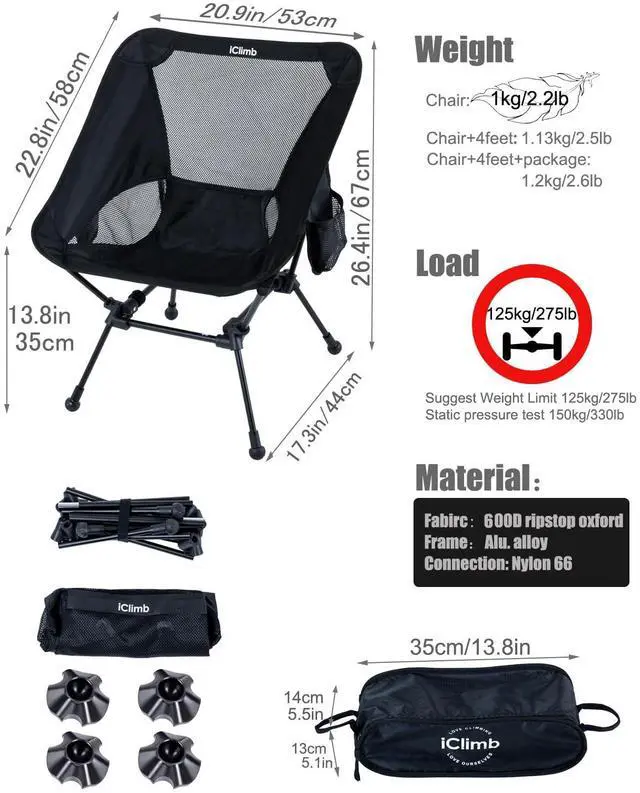 Alt view image 6 of 7 - Ultralight Compact Camping Folding Beach Chair with Anti-Sinking Large Feet and Back Support Webbing (Black - Square Frame)