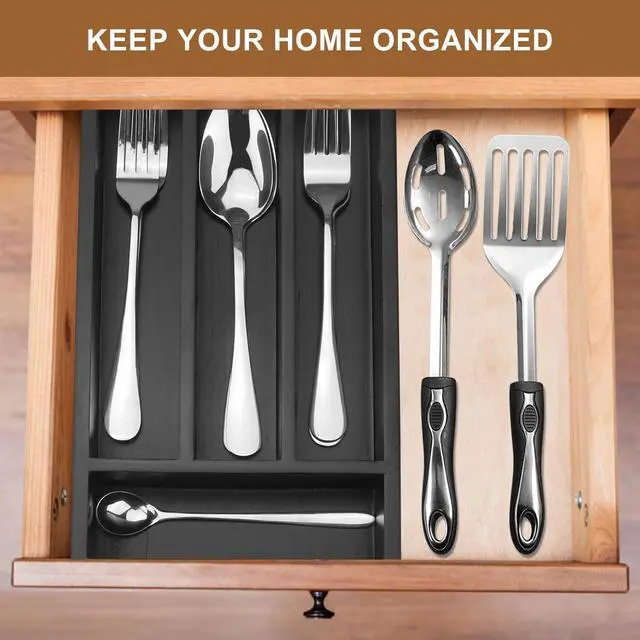 Alt view image 2 of 7 - Small Cutlery Tray Narrow Wooden Silverware Organizer 12"x6.7" Spoon Kitchen Utensil Holder for Drawer Divider Bamboo Cutlery Drawer Organizers Storage Black Wood Silverware Tray Flatware Organizer