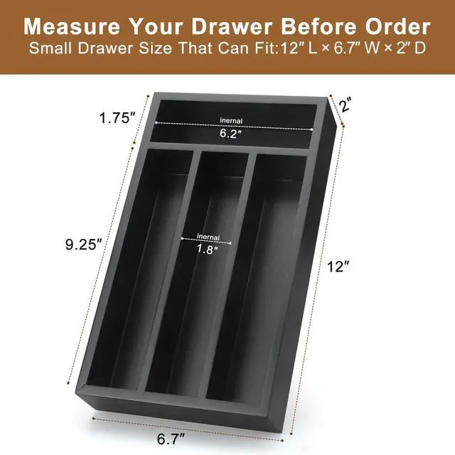 Alt view image 7 of 7 - Small Cutlery Tray Narrow Wooden Silverware Organizer 12"x6.7" Spoon Kitchen Utensil Holder for Drawer Divider Bamboo Cutlery Drawer Organizers Storage Black Wood Silverware Tray Flatware Organizer